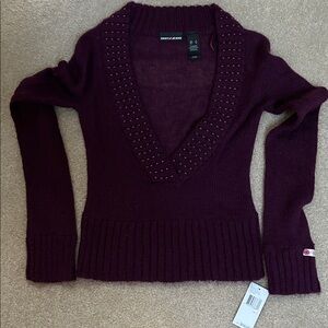 DKNY Vintage Burgundy V-Neck Cropped Long Sleeve Sweater Size Small Juniors NWT